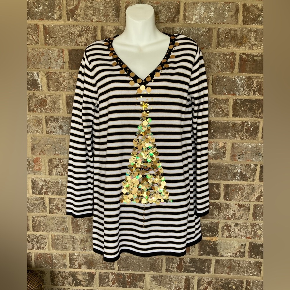 Berek Christmas Tree Sweater Black White Gold Size Medium with Sequins NWT